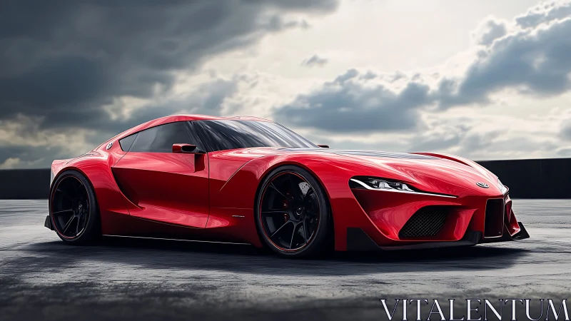 Low-slung red sports coupe under stormy dramatic sky.