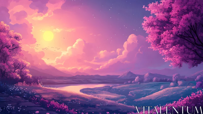 Dreamy pink sunset bathes a tranquil fantasy riverside valley