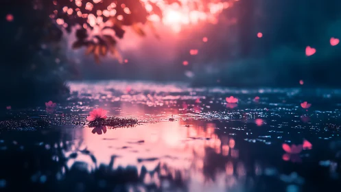 Pink petals drift across glowing sunset river surface.