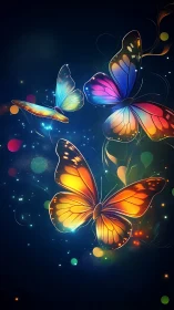 Colorful glowing butterflies on dark abstract background.
