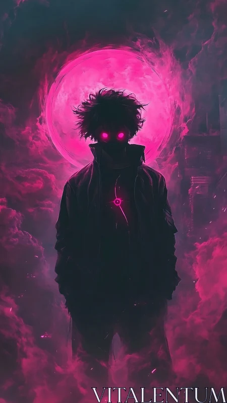 Backlit neon silhouette before radiant magenta eclipse portal.