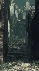 Crumbled stone stairway leads through a quiet overgrown ruin