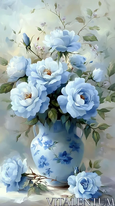 Soft blue roses bloom elegantly in a painted porcelain vase.