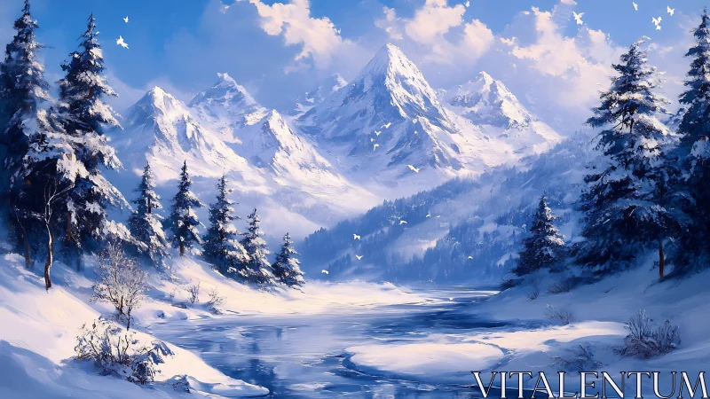 Snow covered mountain valley with frozen reflective river.