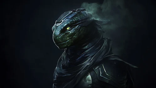 Armored reptilian warrior stands in moody cinematic portrait