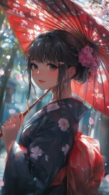 Gentle spring stroll with a smiling girl beneath red umbrella.