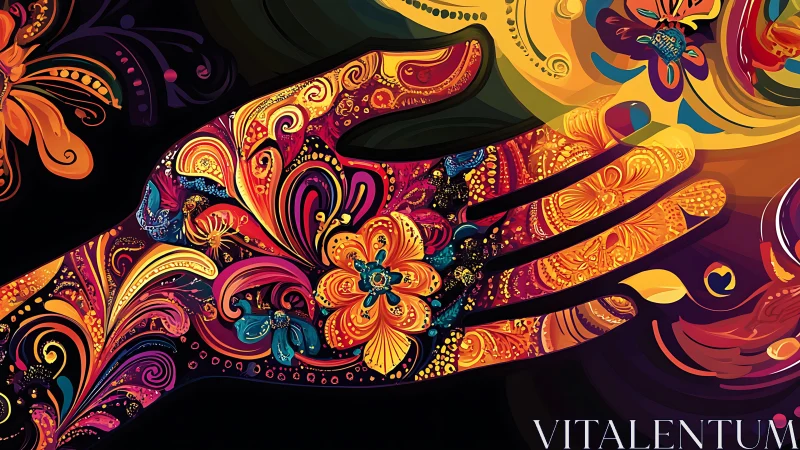 Chromatic vector hand with ornate floral spline filigree.