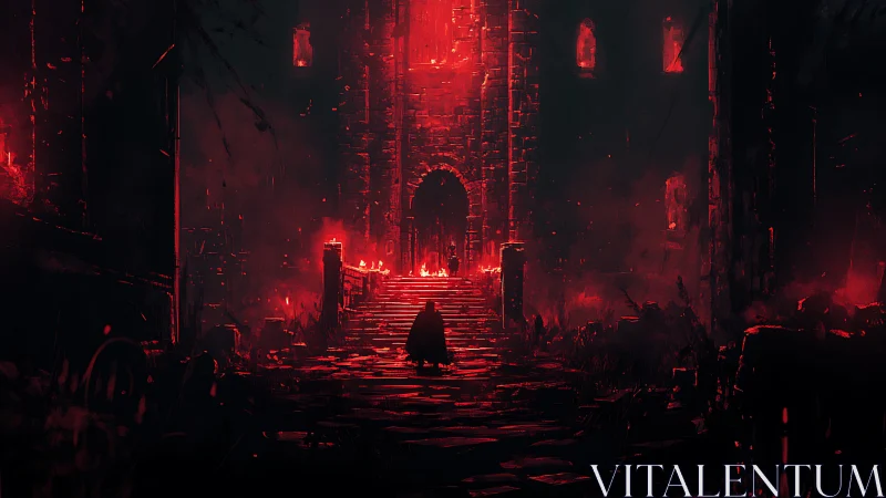 Crimson-lit castle entrance welcomes a lone cloaked wanderer