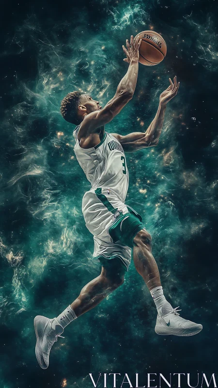 Basketball player in midair layup against nebula backdrop.