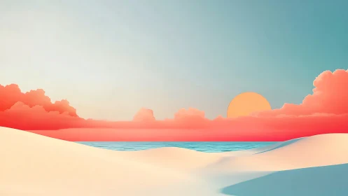 Minimalist desert shoreline meets stylized pastel sunset