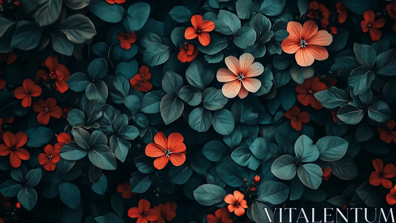 Coral floral composition with teal foliage displays saturated botanical contrast.