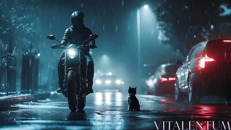 Midnight rider pauses for a tiny rain-soaked street companion.