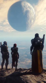 Guardians gather at the cliff, watching a silent sky giant.