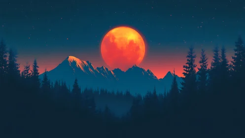Red moon over dark mountain range and forest skyline.