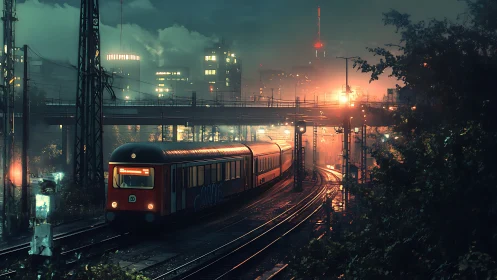 Nocturnal urban railway corridor rendered in cinematic digital painting