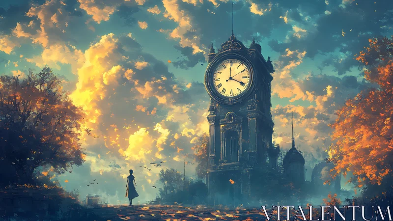 Twilight clocktower dreaming above autumn’s drifting paths.