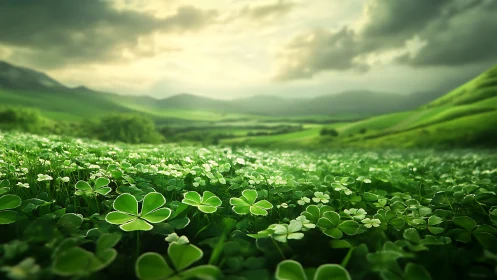 Macro clover meadow under volumetric daylight gradient sky.