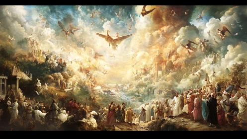 Heavenly procession converges beneath radiant celestial portal