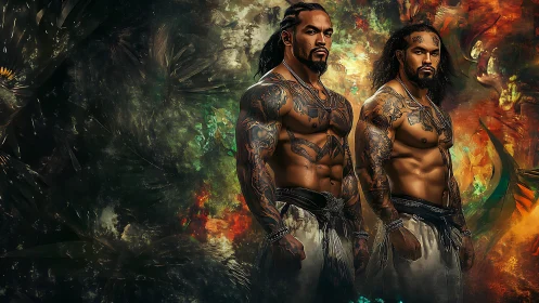 Tattooed male figures against abstract tropical background.