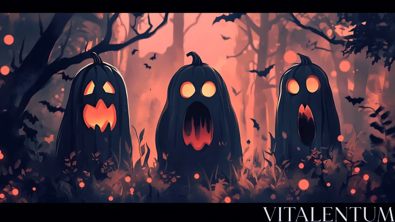 Spectral pumpkin triptych in volumetric fog forest at dusk.