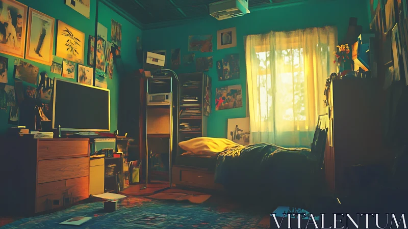 Sunlit teal bedroom glows through gauzy window curtains.