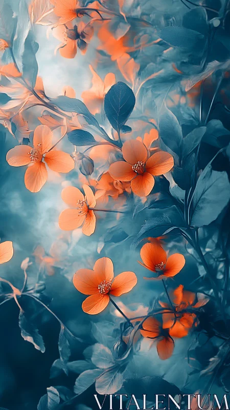 Orange Florals Against Deep Teal Background