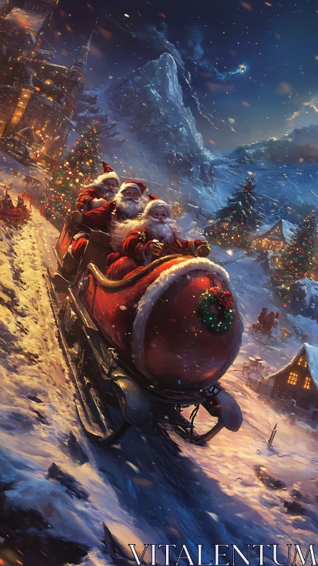 Dynamic downhill Santa sleigh trio in illuminated alpine village