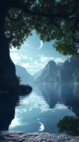 Alien twin moons over calm mountain lake at sunrise.