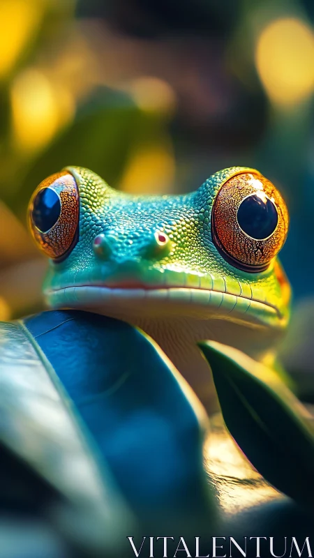 Vibrant tree frog gazes calmly amid glowing forest light