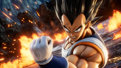 Muscular anime warrior in battle stance amid explosions.