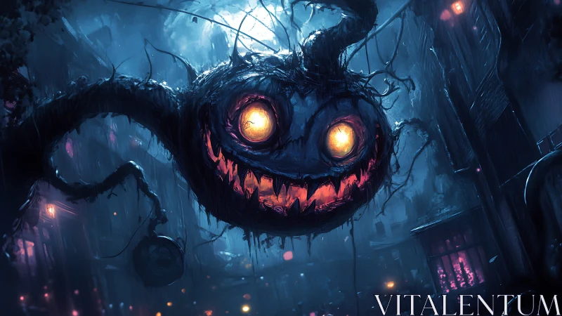 Bioluminescent void-creature hovering over neon alleyway skyline.