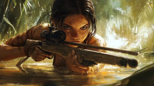 Fearless jungle survivor steadying her rifle in silence.