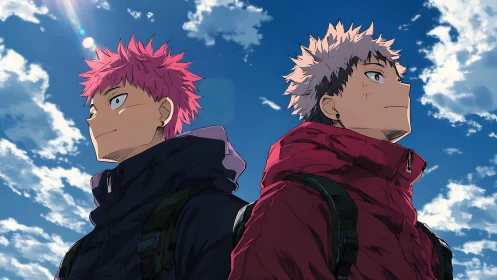 Dual anime protagonists in winter gear under high-contrast sky
