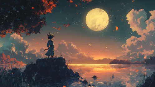 Child silhouette stands by reflective lake under full moon