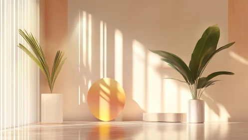 Sunlit indoor plants beside circular decor in soft tones