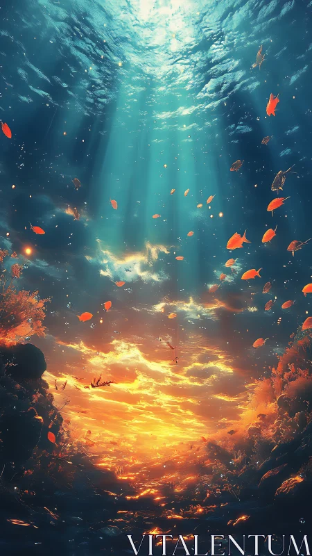 Sunlit coral canyon melts into a blazing underwater sky