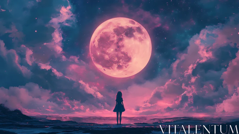 Silhouette of girl facing giant moon in pink night sky.