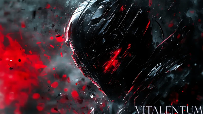 Shadowed cyber warrior wrapped in shards of red light.