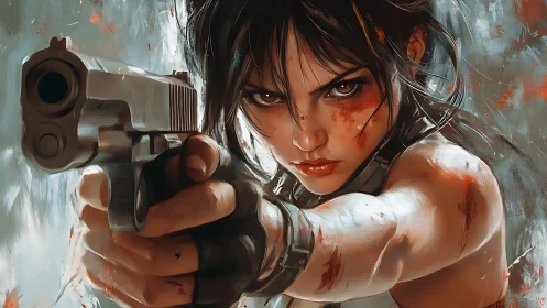 Fierce heroine locking aim in a storm of painted motion.