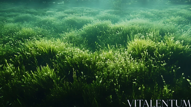 Submerged seagrass meadow under filtered turquoise light.