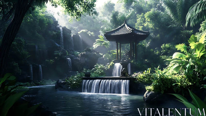 Photorealistic zen pavilion amid tiered jungle waterfalls.