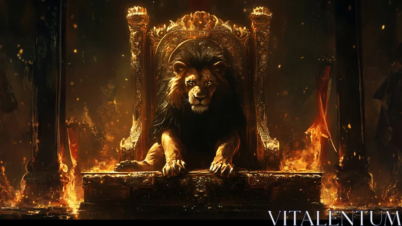 Majestic lion king resting on a burning golden throne.