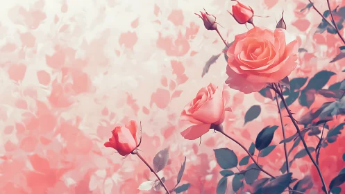 Pink roses bloom in a dreamy, romantic floral garden