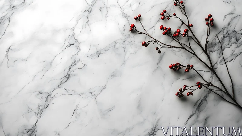 Minimalist marble background with red berries in natural light.