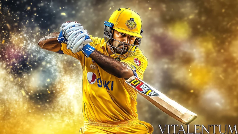 Cricketer in yellow uniform executing front-foot batting shot.