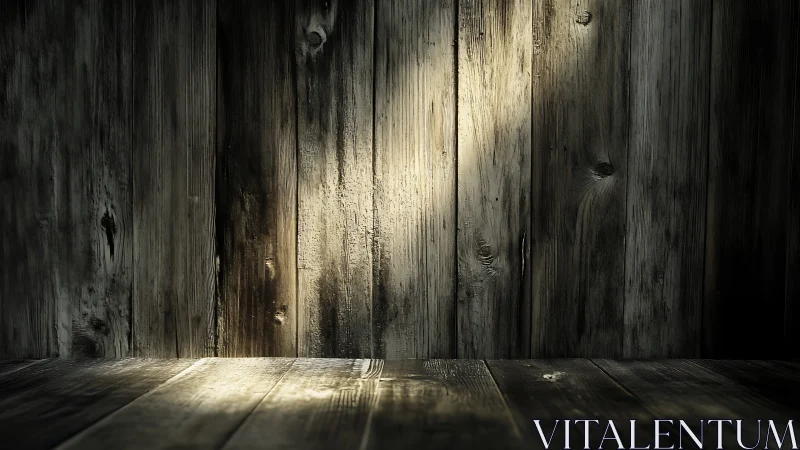 Weathered wooden wall and floor under focused light beam.
