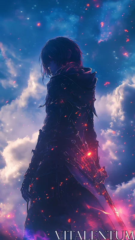 Backlit anime swordsman framed by ethereal nebula sky