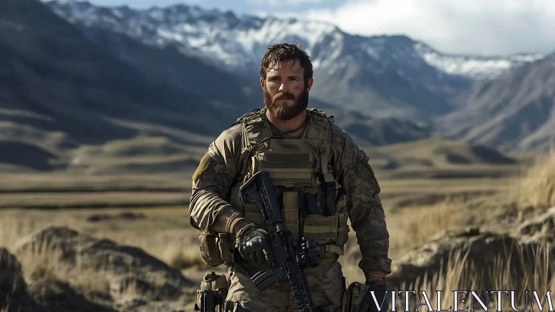 Modern soldier stands armed in remote alpine valley landscape.