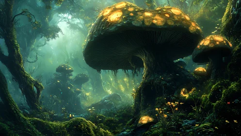 Glowcapped giant mushrooms crown an emerald mist forest.