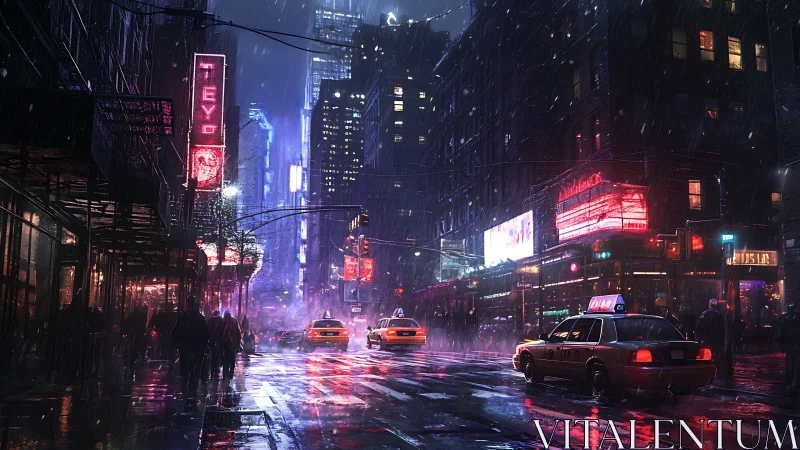 Neon rainstorm crowns midnight taxis in electric canyon.